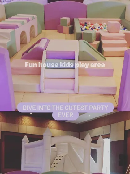 A collage showing our pastel play area and white bouncy castle, perfect for the "cutest party ever."