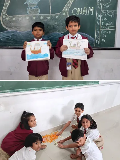 Students engage in Onam-themed activities, from creating small flower rangolis on the floor to drawing pictures of the iconic snake boats.