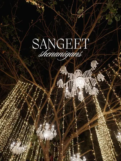 'Sangeet Shenanigans' under a tree dripping with crystal chandeliers and fairy lights. This shows how we can transform any part of a venue into a magical space.