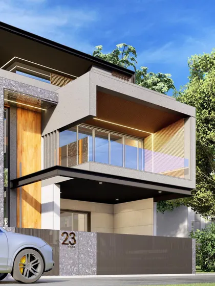 This render for 'Residence 23' showcases a compact, modern design with a prominent cantilevered balcony. The use of a large wooden door and stone cladding adds texture and warmth to the facade.