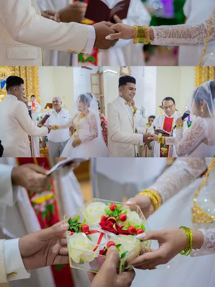 Close-up shots of the ring exchange and holding hands, capturing the most intimate and symbolic moments of a Catholic wedding.