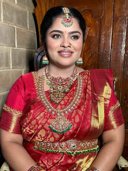 The complete look for Apoorva, showcasing her stunning jewelry and the flawless makeup that enhances her features.
