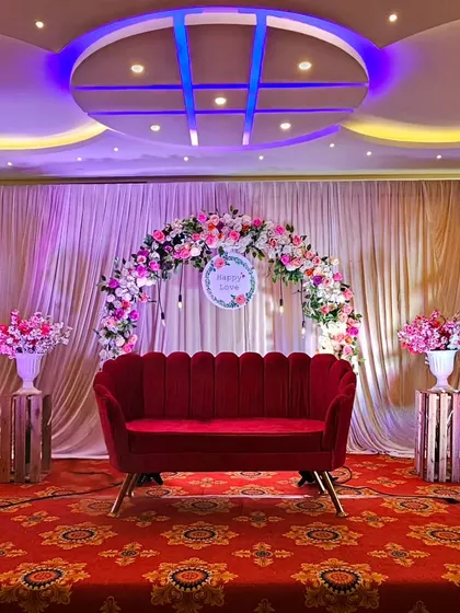 A wider shot of the stage setup, showing how it looks in a banquet hall.