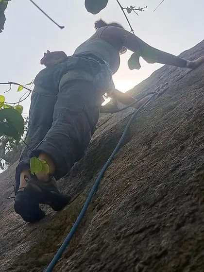 A climber on one of the new, easier multi pitch routes at Gethnaa. We are committed to creating climbs for all skill levels, helping people transition to their first leads and multi pitch adventures.