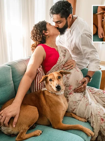 A stylized and stunning maternity shoot featuring a beautiful saree. The soft light and the family's loving interactions with their Indie dog created a series of truly elegant and emotional portraits.