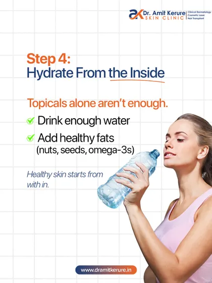 Part of my winter skincare advice series, this graphic emphasizes the importance of hydrating from the inside. Drinking enough water and consuming healthy fats are crucial for healthy skin that starts from within.