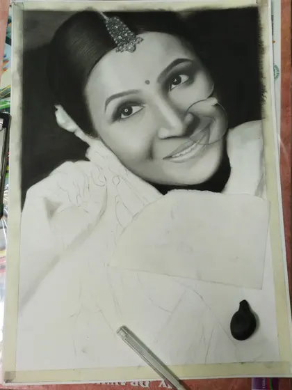 A work in progress shot of the bride portrait. Her face and hair are complete, showcasing the realistic shading, while her traditional clothing is still a light outline.