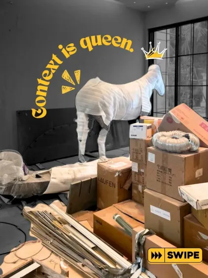 The organized chaos of a site during installation. Here, a horse sculpture waits to be placed while boxes of materials are ready for unpacking.
