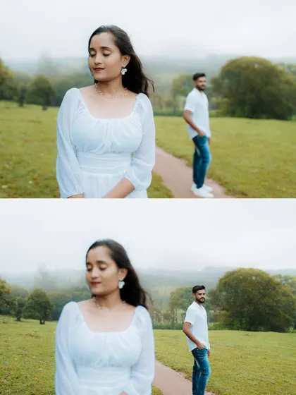 A romantic collage from a pre-wedding shoot in a misty, green meadow. We use the natural environment to create a dreamy and serene atmosphere for our couple portraits.