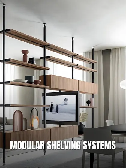 Modular shelving systems, like this floor-to-ceiling unit, act as both storage and a room divider. They offer a flexible and stylish way to define spaces in an open-concept home.