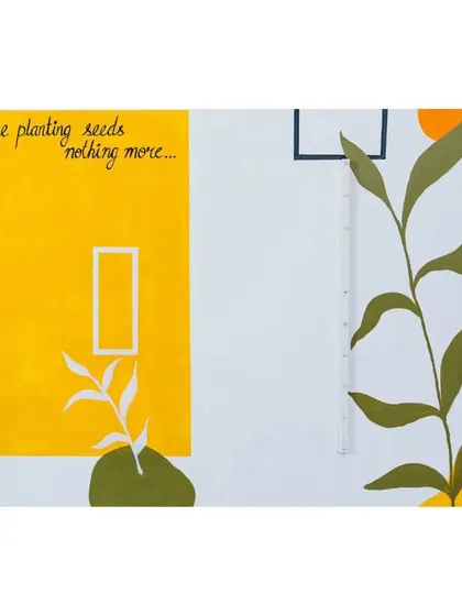 An abstract mural with the quote "We are planting seeds, nothing more." This piece was designed for an office space to serve as a reminder of the long-term impact of their work.