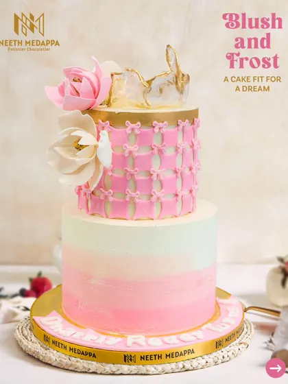 A full view of the "Blush and Frost" cake, a perfect centerpiece for a whimsical and elegant celebration.