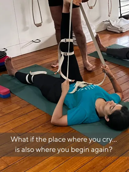 What if the place where you cry is also where you begin again? In Supta Padangusthasana, using a belt for support, this student works on releasing tension in her hips and pelvis, an area where women often store deep emotional stress.