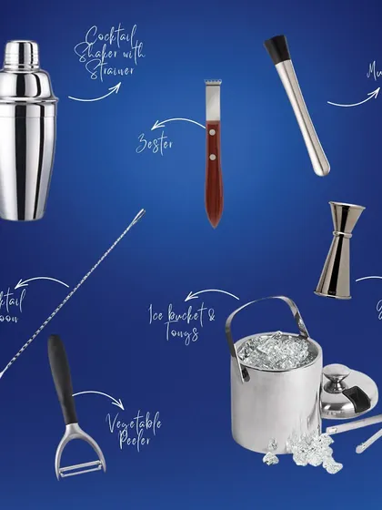 Here are some of the essential tools of our trade. A cocktail shaker, zester, muddler, jigger, and more are all part of the kit we bring to every event to create a professional bar experience.