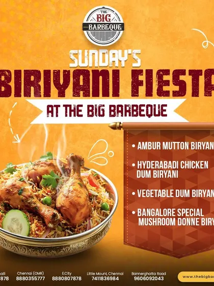 Sundays are for biryani. Our Biryani Fiesta poster highlights the rotating selection of regional favorites we offer, including Hyderabadi Chicken Dum Biryani and the local Bangalore Special Mushroom Donne Biryani, served in a traditional bowl.