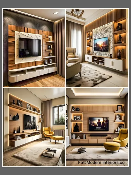 Here are four concepts that showcase my love for clean lines and warm lighting. Each design, whether using all-white or wood finishes, features floating shelves and consoles to create a sense of spaciousness in the living room.