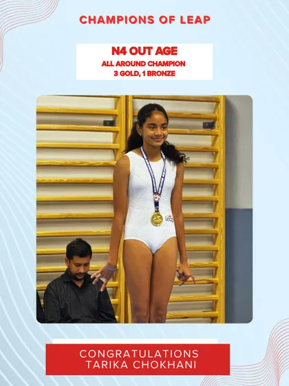 Congratulations to Tarika Chokhani, an all-around champion at the WAG Mumbai Suburbs District Competition. Her hard work and dedication paid off.