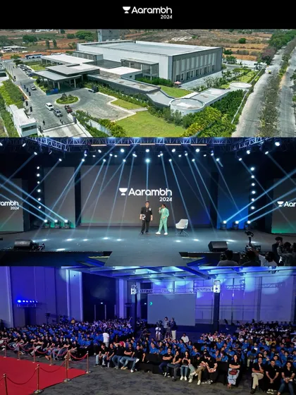 A showcase of my work for the Unacademy Aarambh 2024 corporate summit at JW Marriott Prestige Golfshire. The collage features a sweeping daytime aerial view of the resort venue alongside shots of the professionally lit indoor stage and engaged audience.