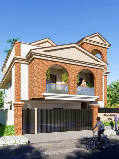 Another angle of the multi-level residence, showing the interplay between the exposed brick, white plaster, and glass railings. This is a perfect example of a modern home with a strong traditional character.