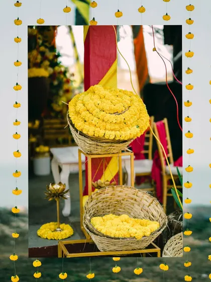 Baskets of fresh marigolds ready for the celebration, a staple for a traditional and vibrant Haldi ceremony.