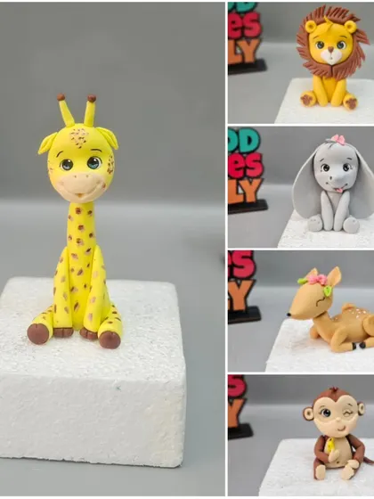A collage of all the fondant animals you can learn to make in our jungle-themed workshop.