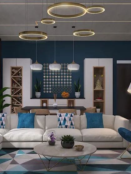 A chic and bright living room concept with blue accents and unique circular lighting fixtures.