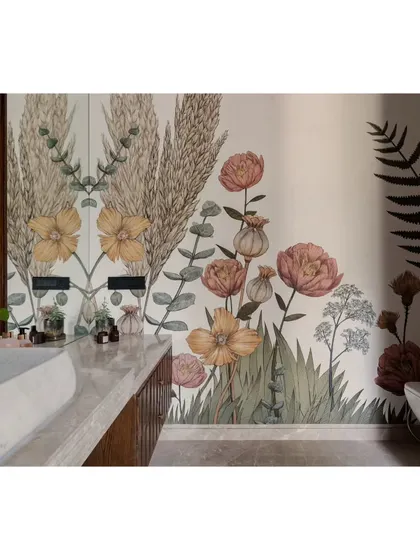 Another angle of the floral bathroom, showing how the wallpaper wraps around the corner, creating a seamless, garden-like feel.