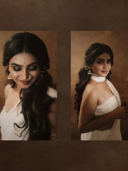 A collage of two portraits, one showing a gentle, downward gaze and the other a confident look towards the camera. This format shows different moods within the same theme.