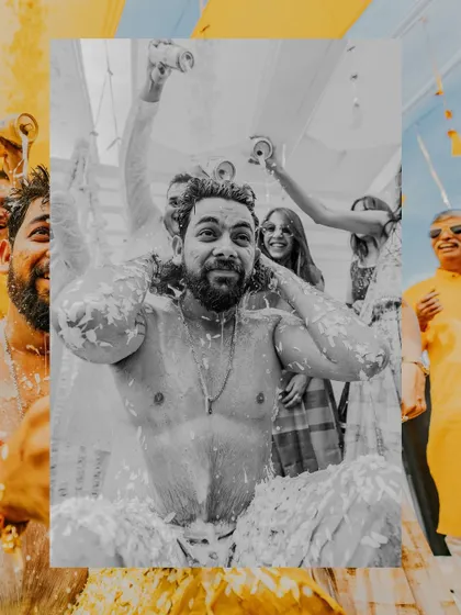 A creative shot of the groom, Samarth, during his Haldi. The blend of color and black and white adds an artistic touch to this fun and energetic moment.