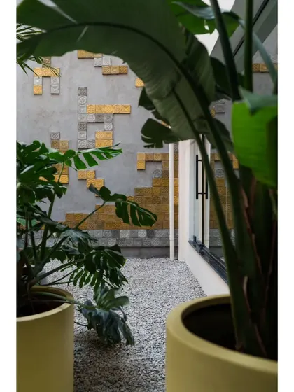 The VIP dining courtyard wall at Campus Biovet, clad with custom-patterned cement tiles in shades of yellow and grey. The lush landscape in the courtyard brings in a fresh tropical vibe.