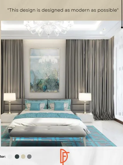 A rendering of a modern bedroom with a cool color palette of grey, white, and turquoise. The design is clean and contemporary, with a focus on creating a bright and refreshing space.