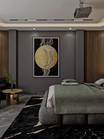 This 3D render showcases a modern and luxurious bedroom concept. The design features a dark, moody color palette, a statement art piece, and a ceiling-mounted projector for a home-cinema experience.