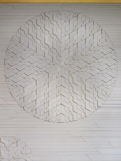 This intricate wall composition weaves a story of order and rhythm. Inspired by the language of lines and the balance of form, the piece reveals a layered geometry that shifts with every gaze, creating a quiet dialogue between structure and subtlety.