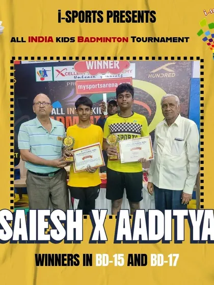 Saiesh and Aaditya shine at the All India Kids Badminton Tournament, winning the titles in both BD-15 and BD-17.