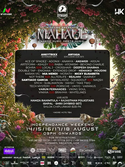 The massive, full lineup for the 'Mahaul' Independence Weekend festival in Goa. The lush, magical artwork is incredible.
