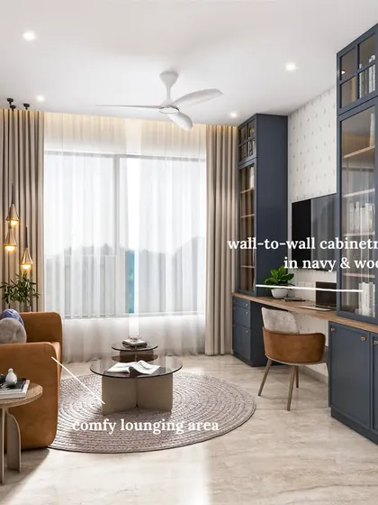 Another view of the spacious study room render, showing the comfy lounging area with a tan sofa, making the space practical and comfortable.