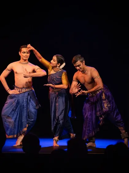 A candid moment on stage during 'ĀBHA'. The interactions between us as performers are as important as the choreographed movements in telling the story.