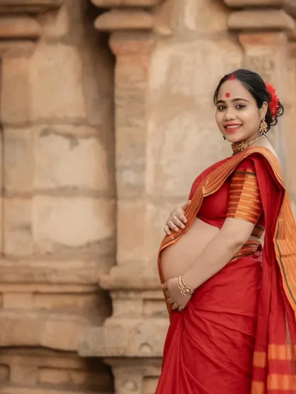A classic three-quarter portrait of the mother-to-be, showcasing her baby bump and the beautiful details of her traditional attire against the temple wall.