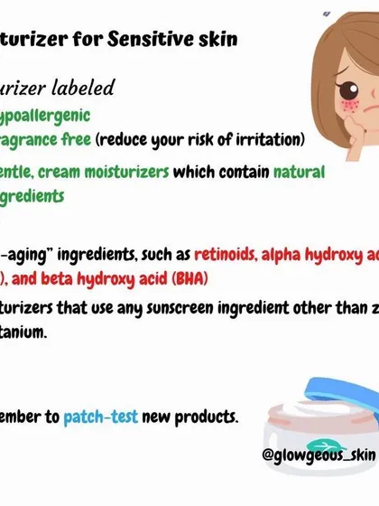 This is a guide for those with sensitive skin. It highlights what to look for, such as hypoallergenic and fragrance-free labels, and what to avoid, like strong anti-aging acids, to prevent irritation.