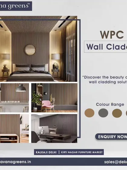 This collage shows the range of colors available for my WPC wall cladding, from warm wood tones to modern grays. It also displays various applications in bedrooms, kitchens, and offices, highlighting its versatility.