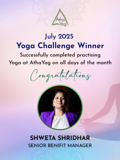 Congratulations to Shweta Shridhar, our July Yoga Challenge Winner for 2025. 31 days of showing up on the mat is a fantastic achievement.