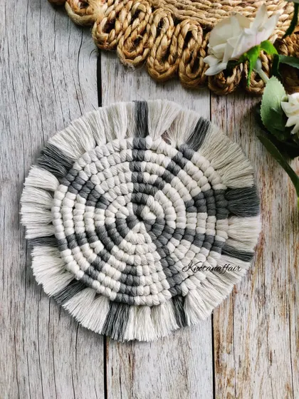 This pretty macrame coaster is a perfect companion for your favorite cup of coffee or tea. It can also be used to display artifacts or small plants.