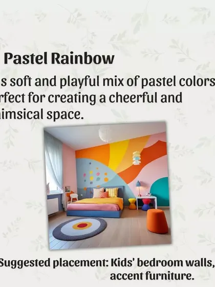 The Pastel Rainbow palette is a soft and playful mix of colors. This cheerful and whimsical combination is perfect for creating a fun and inspiring space, especially in kids' bedrooms.