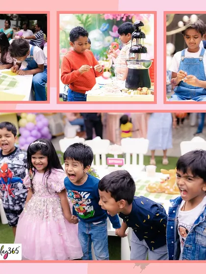 Candid moments of fun and laughter from a butterfly-themed party. We arrange activities like coloring stations and chocolate fountains to keep the little guests entertained.