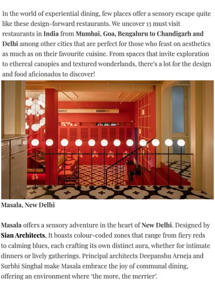 Another snapshot from the Elle Decor feature on Masala. The article describes the restaurant as a "sensory adventure" with color-coded zones that create distinct auras for different dining experiences.