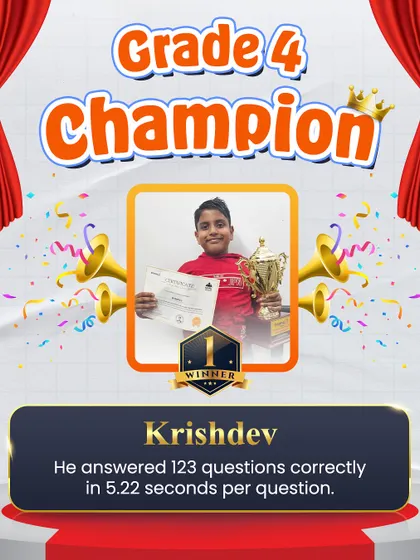 Meet Krishdev, the Grade 4 Champion of our National Arithmetic Championship. He demonstrated his skills by correctly solving 123 questions at a blistering pace of 5.22 seconds per question.