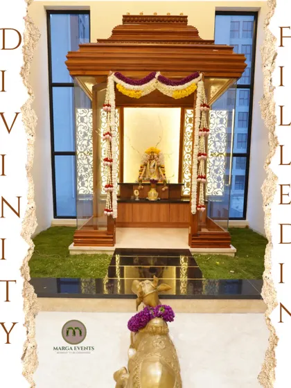 I created this serene and divine space for a pooja ceremony. The traditional wooden mandap is beautifully adorned with delicate garlands of jasmine and marigold, providing a perfect setting for prayer and rituals in the home.