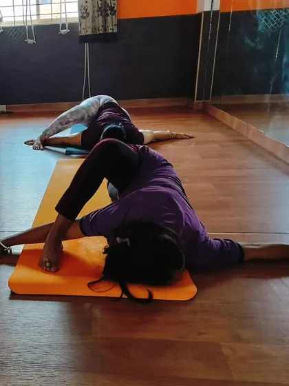 Students exploring a variation of Pristhan Asana, the Lizard Pose. This is a deep hip opener that stretches the hip flexors, hamstrings, and groin, building strength and flexibility in the lower body.