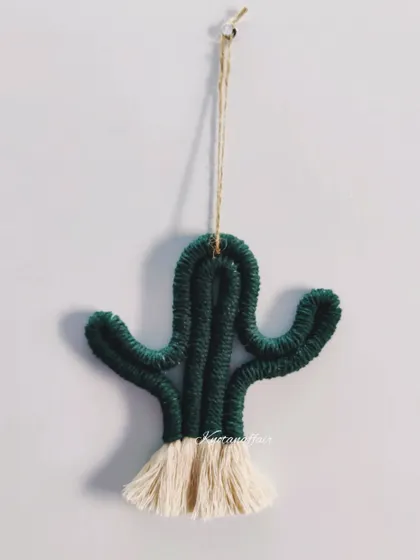 Another view of the macrame cactus wall hanging. This versatile piece is eco-friendly and makes a great gift.