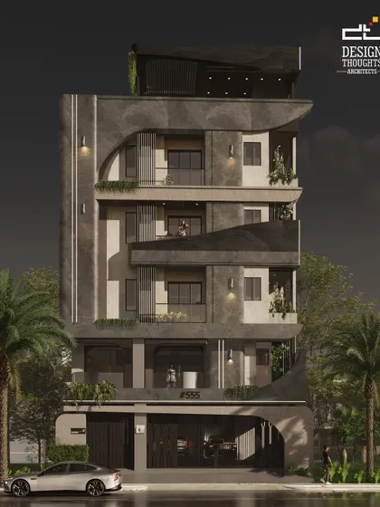 A night-view render of the contemporary G+3 residence. The strategic use of lighting highlights the architectural forms, creating a dramatic and sophisticated presence after dark.